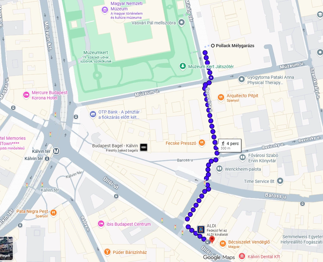 Útvonal a Pollack Mélygarázstól a Pura Flow Masszázs szalonig